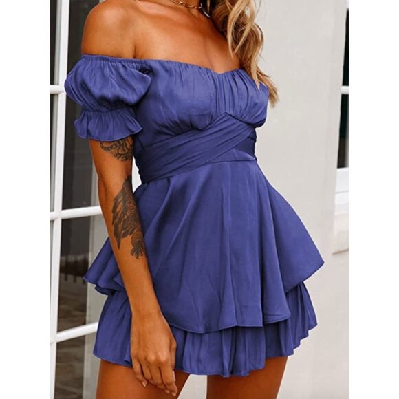 Dark Blue Ruffle‎ Short Sleeve Off Shoulder Layered Romper Short Jumpsuit - Picture 4 of 6